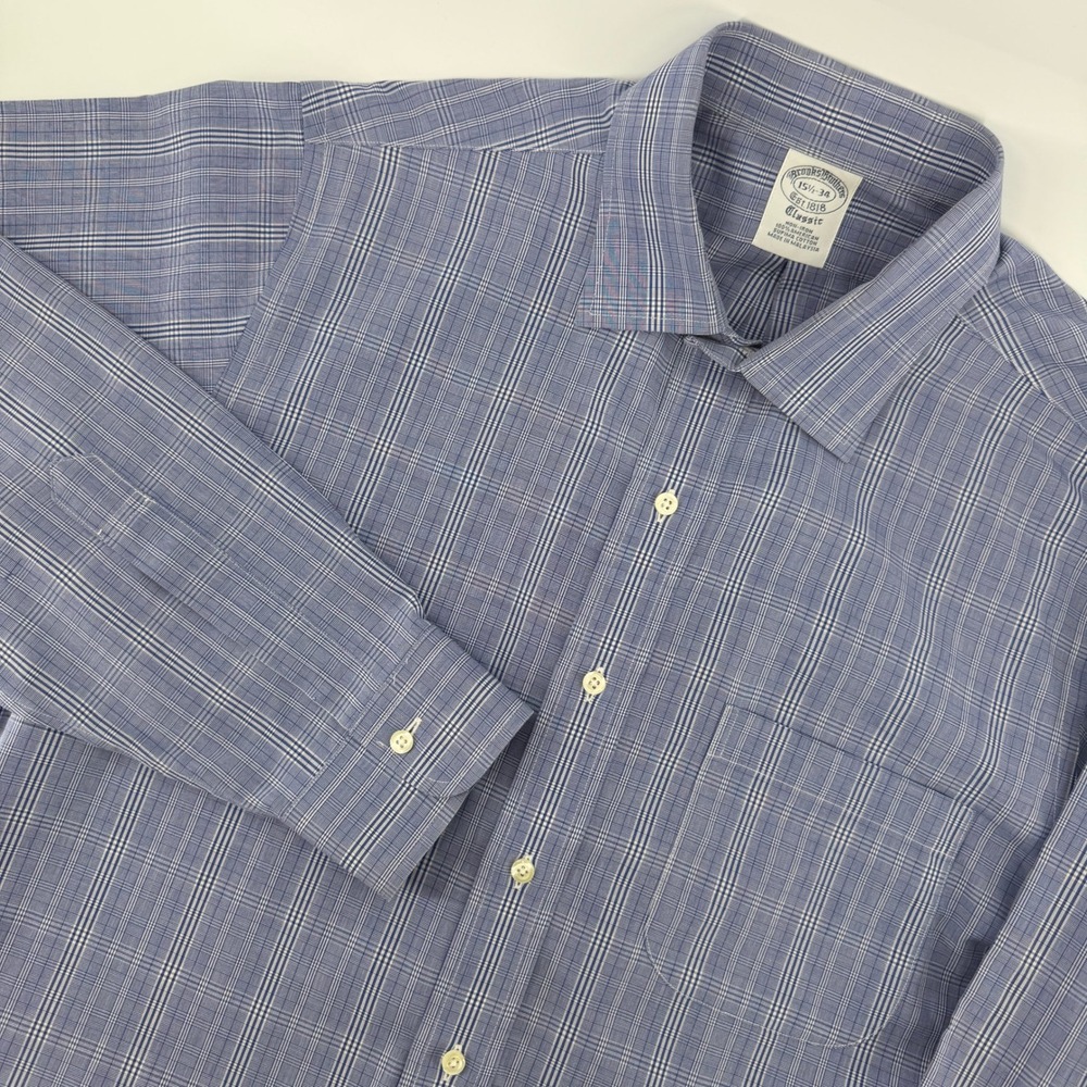 Brooks Brothers Dress Shirt Mens 15.5 34 Blue Glen Plaid Non-Iron Supima Cotton